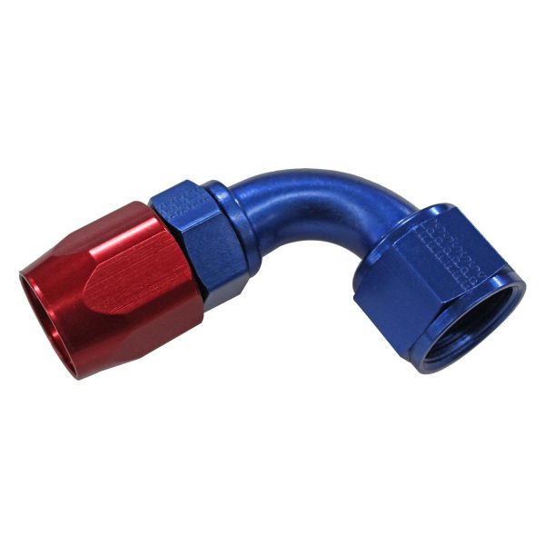 90 DEGREE POWER FLOW HOSE ENDS, RED/BLUE